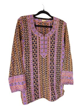 Neerus Indian Boho Printed Tunic Top in Black, Purple & Orange Large
